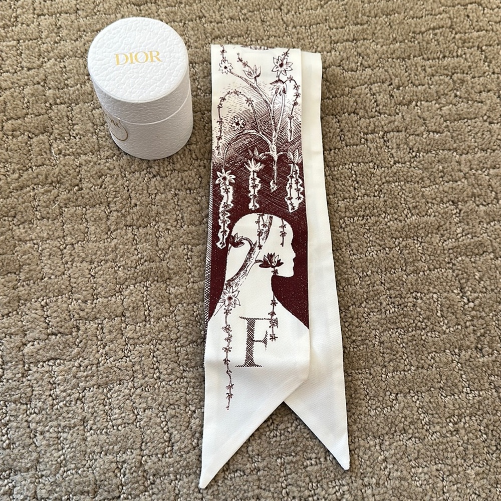 Dior Silk Scarf in the letter F in perfect condition with case.